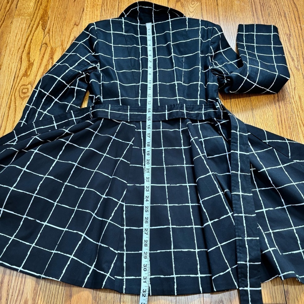 Monroe & Main Preppy Black White Plaid Double-breasted Peplum Swing Trench Coat - Picture 10 of 16